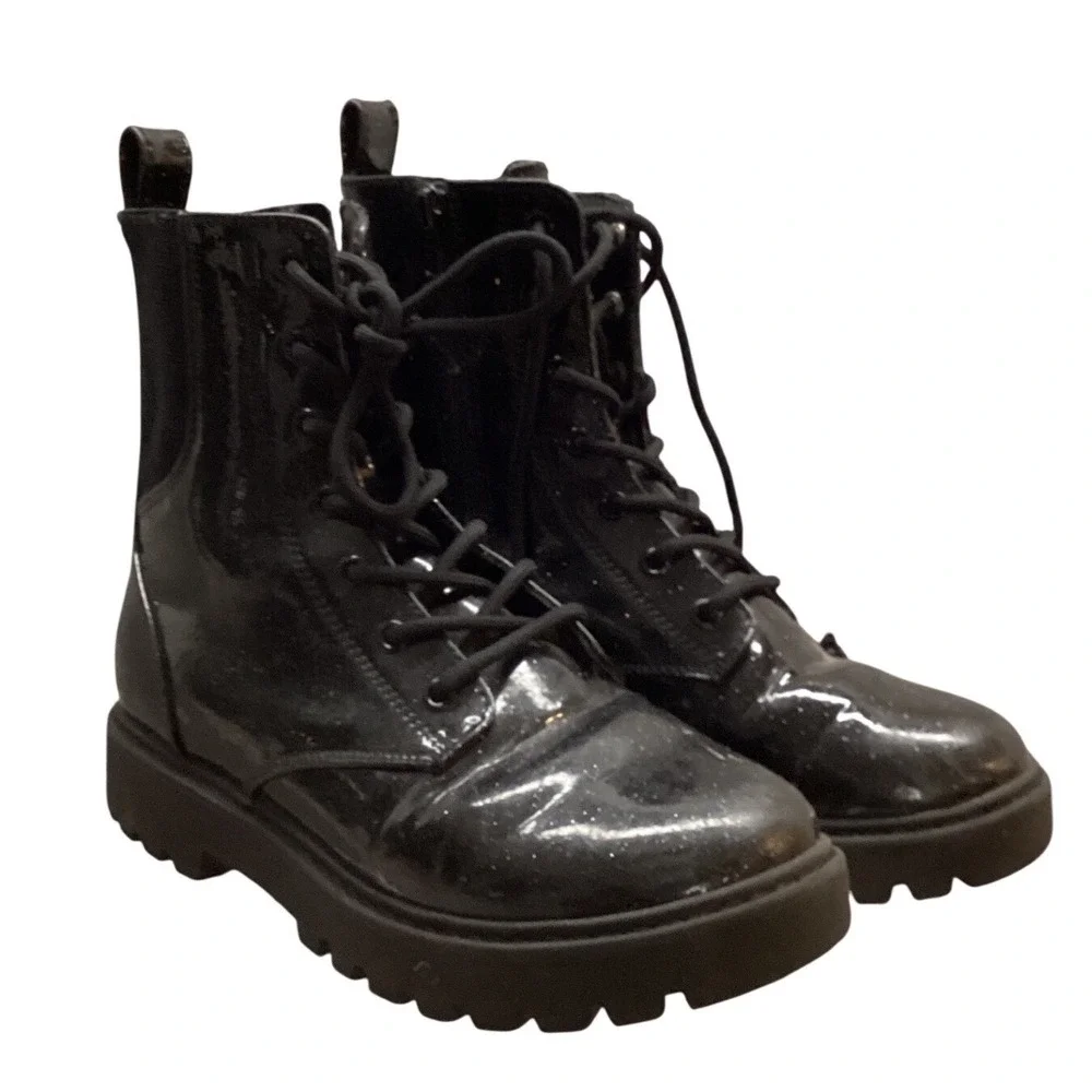 Kids Black Glitter Combat Boots Lace Up Side Zip Chunky‎ Sole